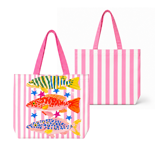 Preppy Striped Summer Fish Tote Bag