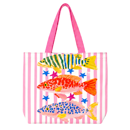 Preppy Striped Summer Fish Tote Bag