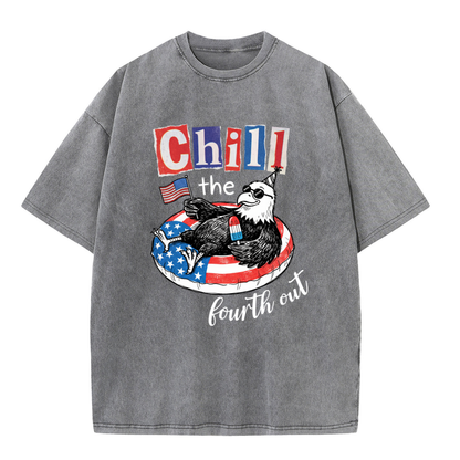 ChaoticClub Chill The Fourth Out Eagle Washed T-Shirt, vintage oversized graphic tee featuring a cool bald eagle in sunglasses and a party hat lounging in a patriotic pool float with a popsicle and an American flag with funny text on premium washed cotton fabric