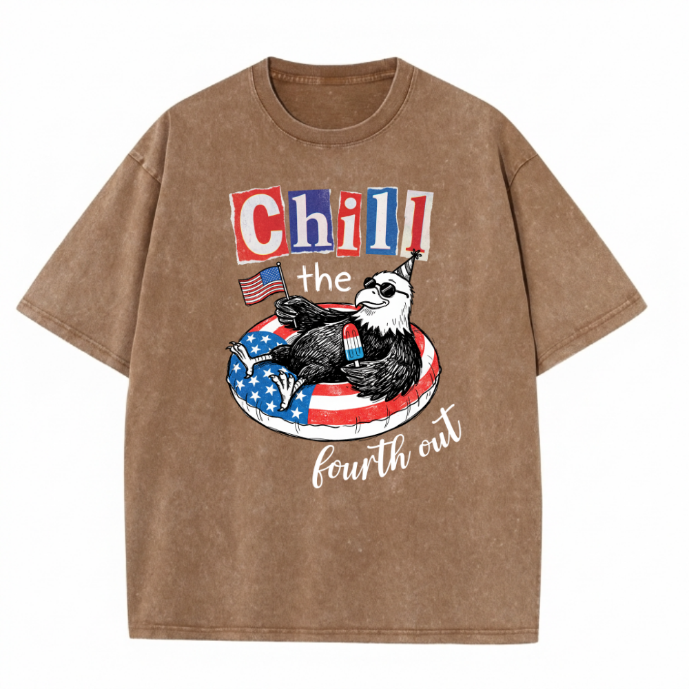 ChaoticClub Chill The Fourth Out Eagle Washed T-Shirt, vintage oversized graphic tee featuring a cool bald eagle in sunglasses and a party hat lounging in a patriotic pool float with a popsicle and an American flag with funny text on premium washed cotton fabric