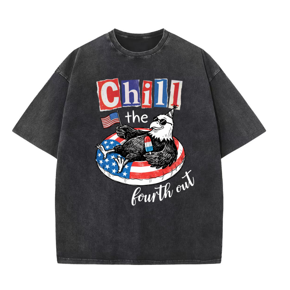 ChaoticClub Chill The Fourth Out Eagle Washed T-Shirt, vintage oversized graphic tee featuring a cool bald eagle in sunglasses and a party hat lounging in a patriotic pool float with a popsicle and an American flag with funny text on premium washed cotton fabric