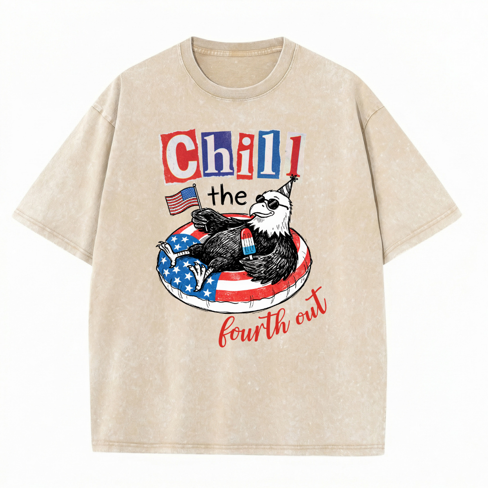 ChaoticClub Chill The Fourth Out Eagle Washed T-Shirt, vintage oversized graphic tee featuring a cool bald eagle in sunglasses and a party hat lounging in a patriotic pool float with a popsicle and an American flag with funny text on premium washed cotton fabric