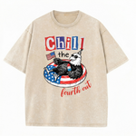 ChaoticClub Chill The Fourth Out Eagle Washed T-Shirt, vintage oversized graphic tee featuring a cool bald eagle in sunglasses and a party hat lounging in a patriotic pool float with a popsicle and an American flag with funny text on premium washed cotton fabric