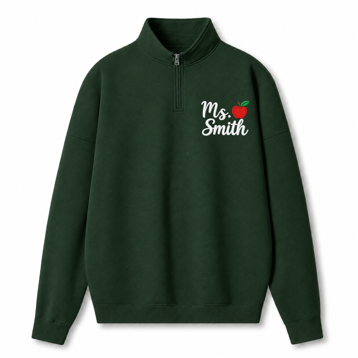Chaotic Club Embroided Custom Teacher Name Red Apple Quarter Zip Sweatshirt