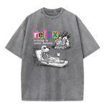 ChaoticClub Nothing Is Under Control Dog Washed T-Shirt, vintage oversized graphic tee featuring a dog skeleton in sunglasses lounging with coffee while a house burns in the background and funny sarcastic text on premium washed cotton fabric