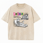 ChaoticClub Nothing Is Under Control Dog Washed T-Shirt, vintage oversized graphic tee featuring a dog skeleton in sunglasses lounging with coffee while a house burns in the background and funny sarcastic text on premium washed cotton fabric
