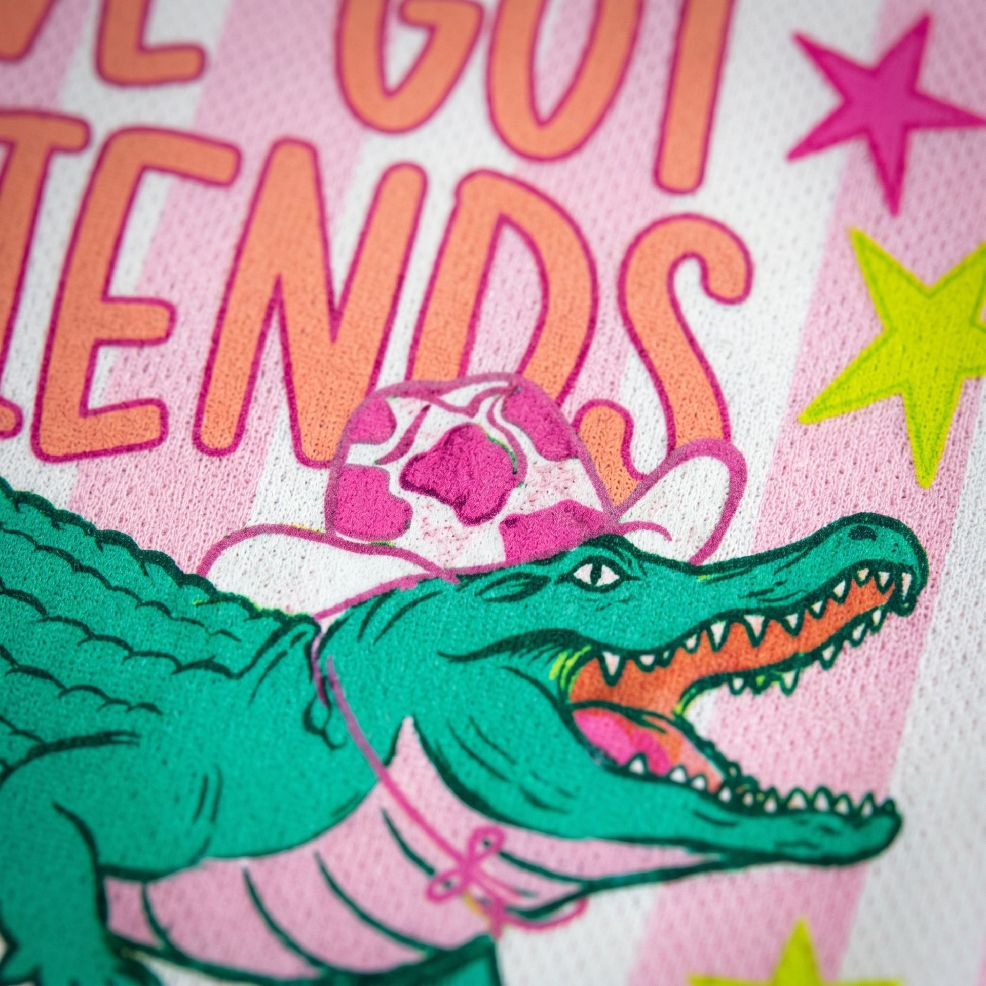 ChaoticClub Striped Gator I’ve Got Friends In Low Places Mesh Jersey - Button & Collar Close Up