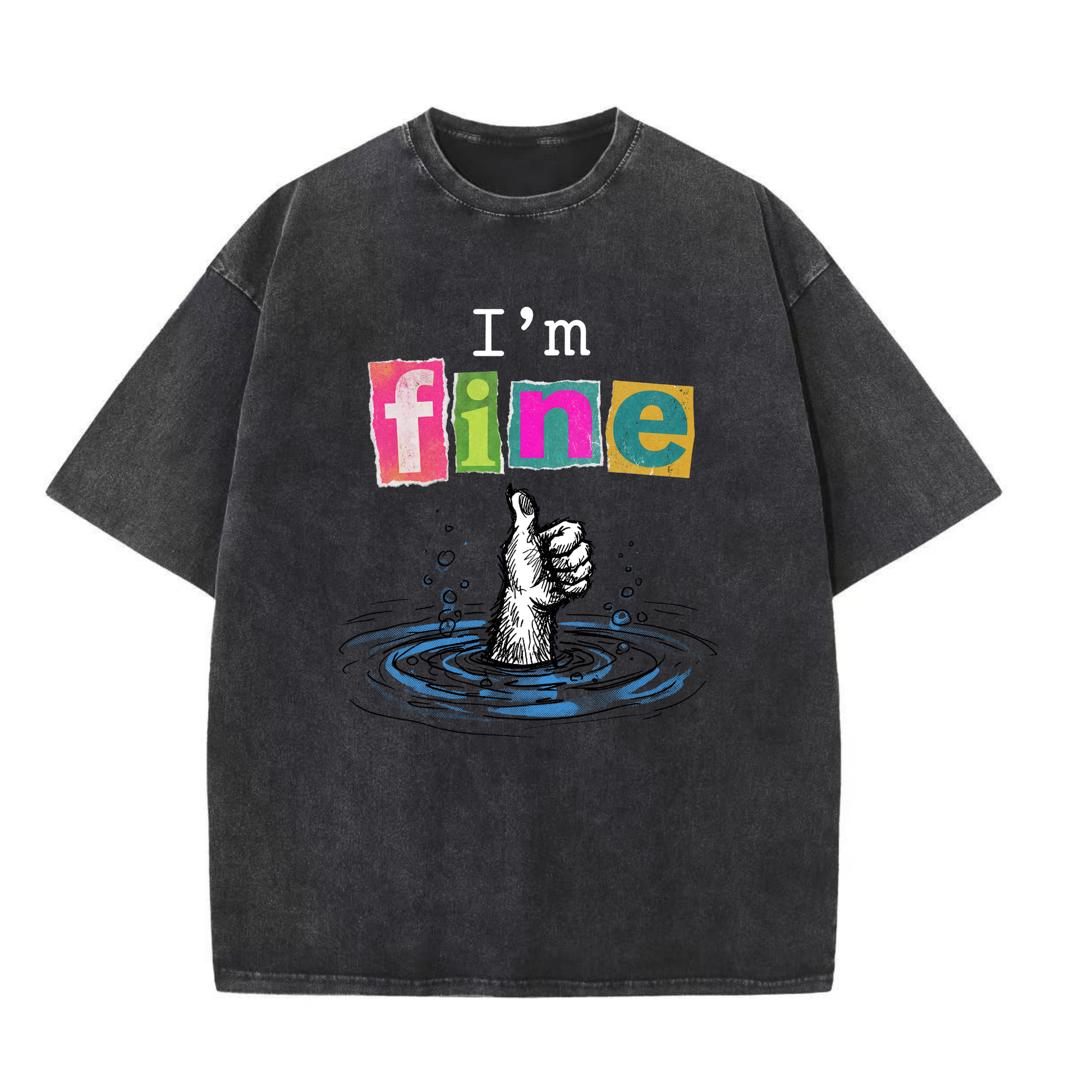 ChaoticClub I'm Fine Dog Washed T-Shirt, vintage oversized graphic tee featuring a furry dog paw giving a thumbs up while sinking into water with funny sarcastic text on premium washed cotton fabric
