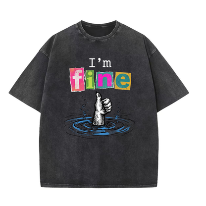 ChaoticClub I'm Fine Dog Washed T-Shirt, vintage oversized graphic tee featuring a furry dog paw giving a thumbs up while sinking into water with funny sarcastic text on premium washed cotton fabric