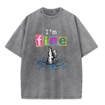 ChaoticClub I'm Fine Dog Washed T-Shirt, vintage oversized graphic tee featuring a furry dog paw giving a thumbs up while sinking into water with funny sarcastic text on premium washed cotton fabric