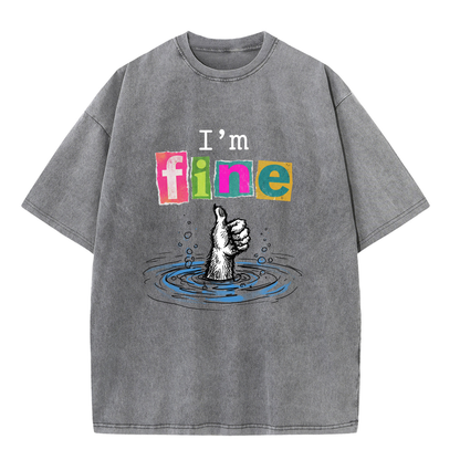 ChaoticClub I'm Fine Dog Washed T-Shirt, vintage oversized graphic tee featuring a furry dog paw giving a thumbs up while sinking into water with funny sarcastic text on premium washed cotton fabric