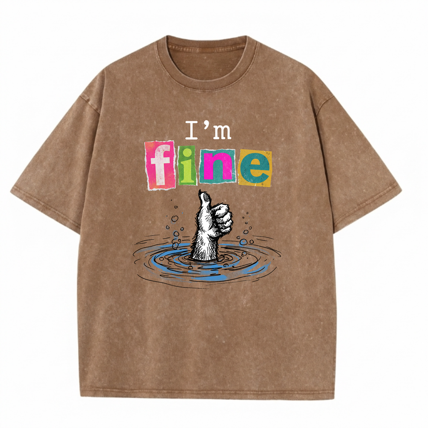 ChaoticClub I'm Fine Dog Washed T-Shirt, vintage oversized graphic tee featuring a furry dog paw giving a thumbs up while sinking into water with funny sarcastic text on premium washed cotton fabric