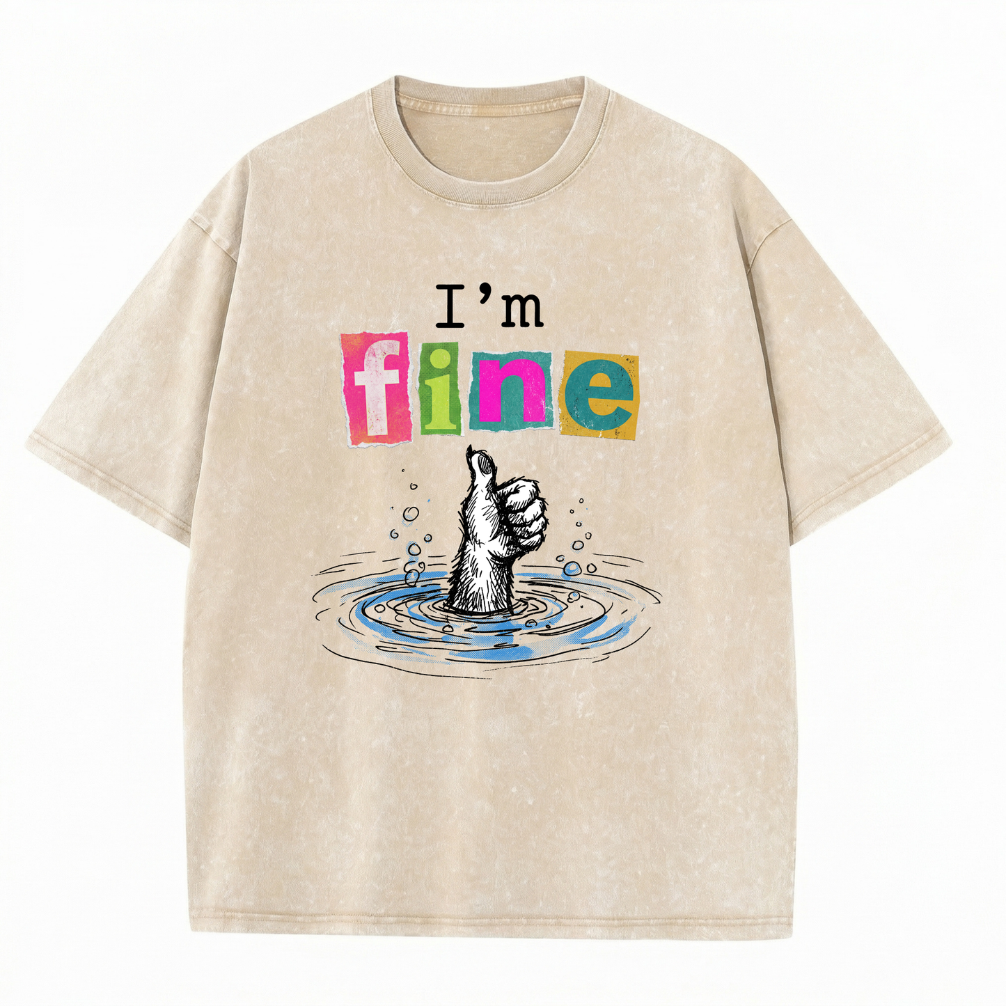 ChaoticClub I'm Fine Dog Washed T-Shirt, vintage oversized graphic tee featuring a furry dog paw giving a thumbs up while sinking into water with funny sarcastic text on premium washed cotton fabric