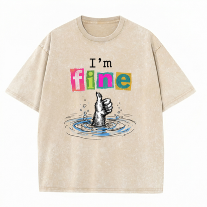 ChaoticClub I'm Fine Dog Washed T-Shirt, vintage oversized graphic tee featuring a furry dog paw giving a thumbs up while sinking into water with funny sarcastic text on premium washed cotton fabric