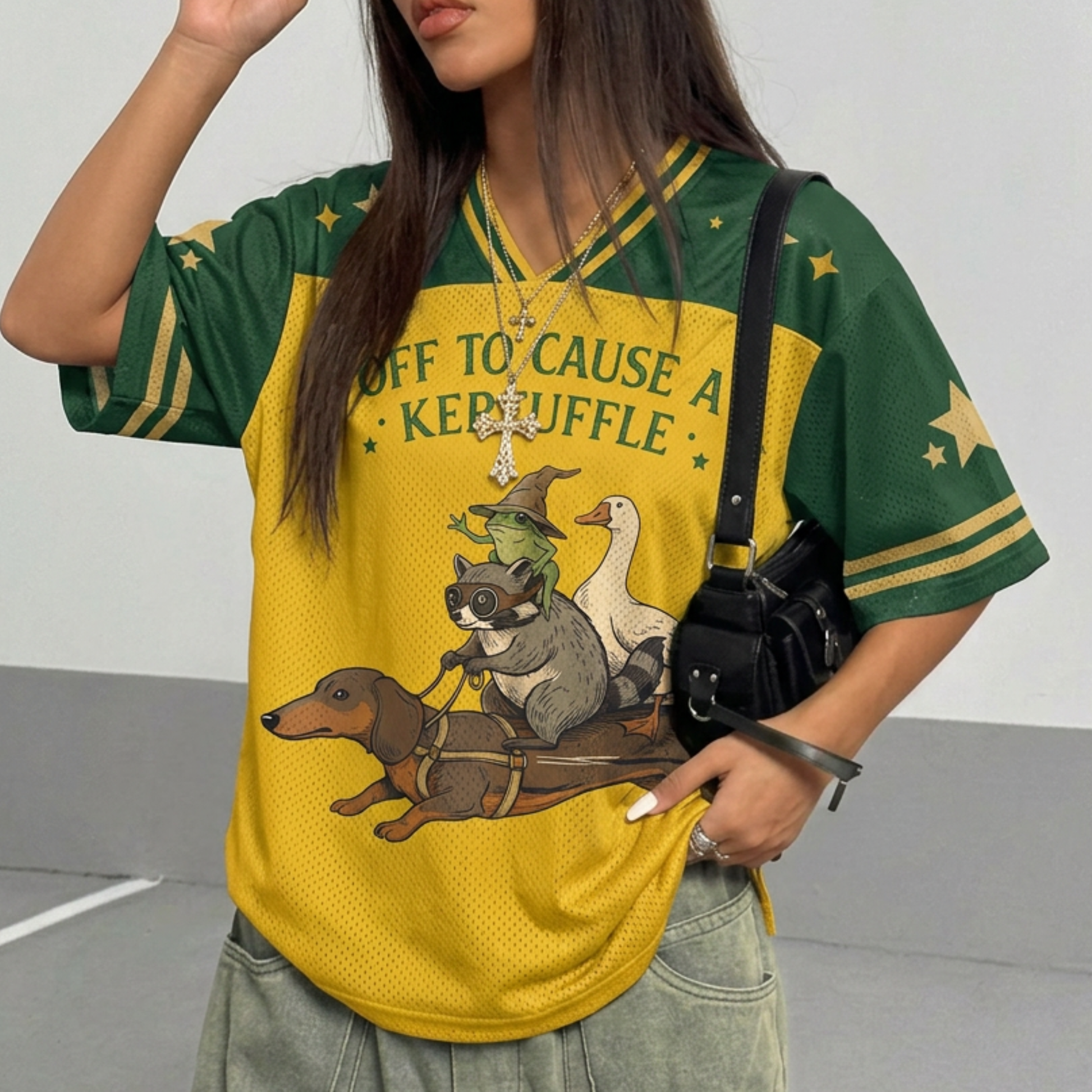 ChaoticClub Off To Cause A Kerfuffle Mesh Jersey, vintage streetwear athletic jersey featuring a raccoon, duck, and frog riding a dachshund with funny text on yellow and green breathable mesh fabric