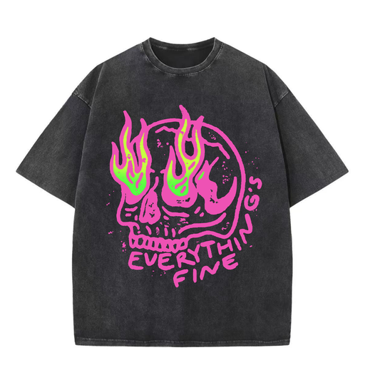 ChaoticClub Everything Is Fine Skull Washed T-Shirt, vintage oversized graphic tee featuring a neon pink and green flaming skull with sarcastic text on premium charcoal washed cotton fabric