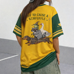 ChaoticClub Off To Cause A Kerfuffle Mesh Jersey, vintage streetwear athletic jersey featuring a raccoon, duck, and frog riding a dachshund with funny text on yellow and green breathable mesh fabric