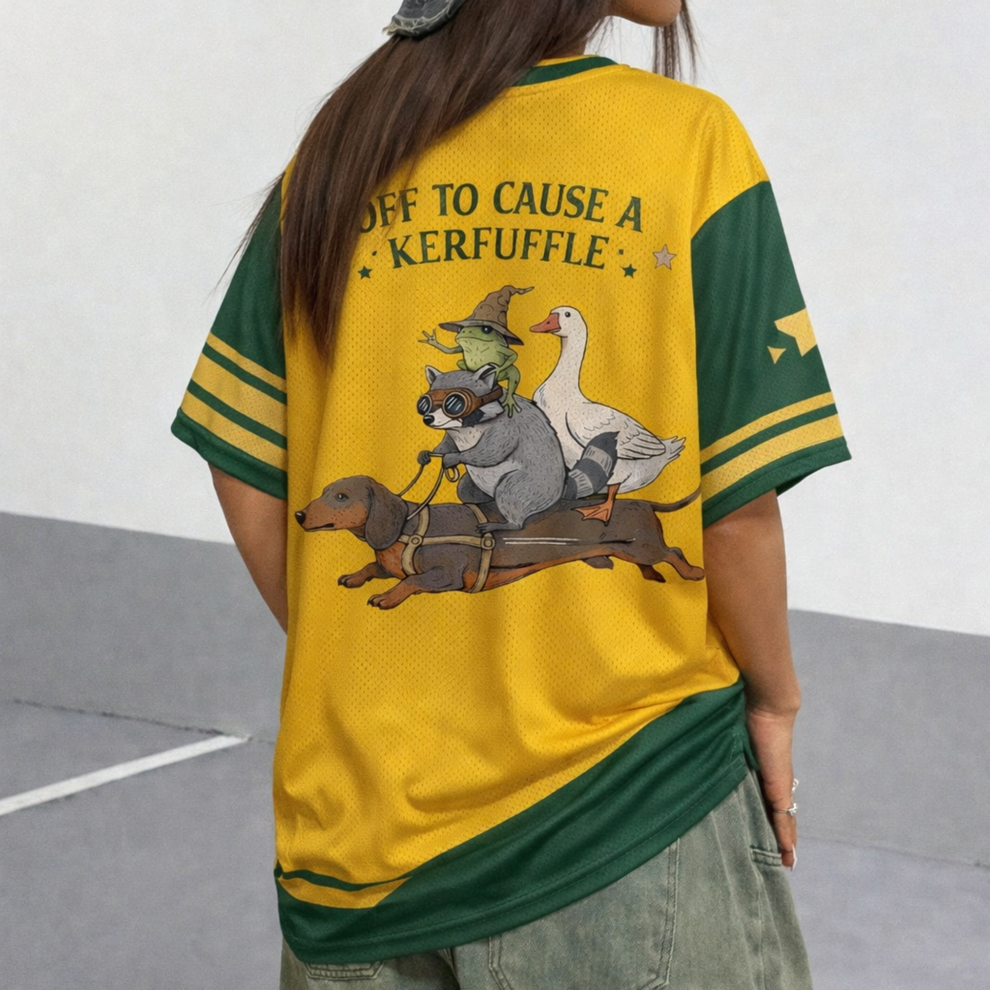 ChaoticClub Off To Cause A Kerfuffle Mesh Jersey, vintage streetwear athletic jersey featuring a raccoon, duck, and frog riding a dachshund with funny text on yellow and green breathable mesh fabric