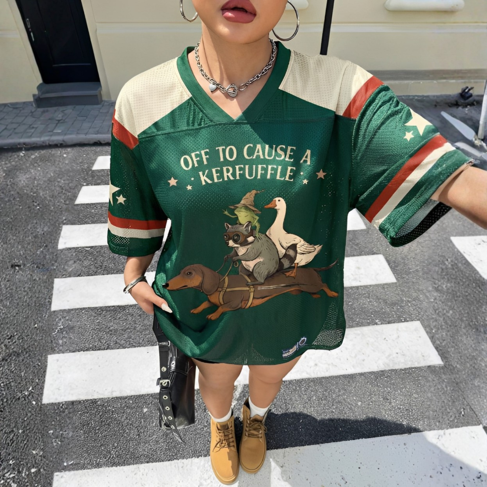 ChaoticClub Off To Cause A Kerfuffle Mesh Jersey, vintage streetwear athletic jersey featuring a raccoon, duck, and frog riding a dachshund with funny text on yellow and green breathable mesh fabric