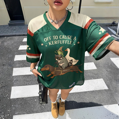 ChaoticClub Off To Cause A Kerfuffle Mesh Jersey, vintage streetwear athletic jersey featuring a raccoon, duck, and frog riding a dachshund with funny text on yellow and green breathable mesh fabric