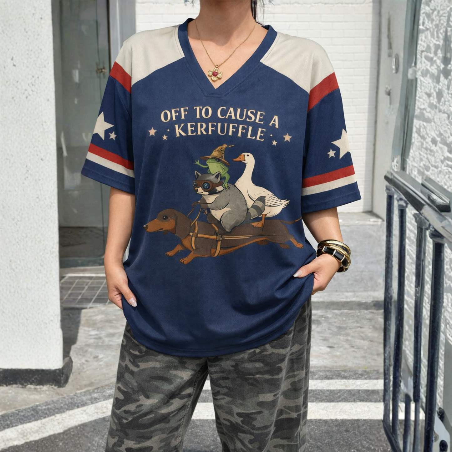ChaoticClub Off To Cause A Kerfuffle Mesh Jersey, vintage streetwear athletic jersey featuring a raccoon, duck, and frog riding a dachshund with funny text on yellow and green breathable mesh fabric