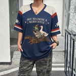 ChaoticClub Off To Cause A Kerfuffle Mesh Jersey, vintage streetwear athletic jersey featuring a raccoon, duck, and frog riding a dachshund with funny text on yellow and green breathable mesh fabric