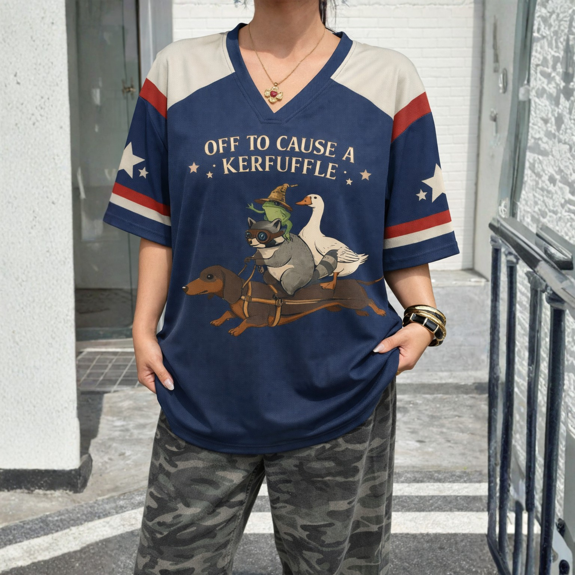 ChaoticClub Off To Cause A Kerfuffle Mesh Jersey, vintage streetwear athletic jersey featuring a raccoon, duck, and frog riding a dachshund with funny text on yellow and green breathable mesh fabric