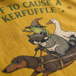 ChaoticClub Off To Cause A Kerfuffle Mesh Jersey, vintage streetwear athletic jersey featuring a raccoon, duck, and frog riding a dachshund with funny text on yellow and green breathable mesh fabric
