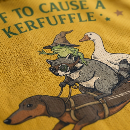 ChaoticClub Off To Cause A Kerfuffle Mesh Jersey, vintage streetwear athletic jersey featuring a raccoon, duck, and frog riding a dachshund with funny text on yellow and green breathable mesh fabric