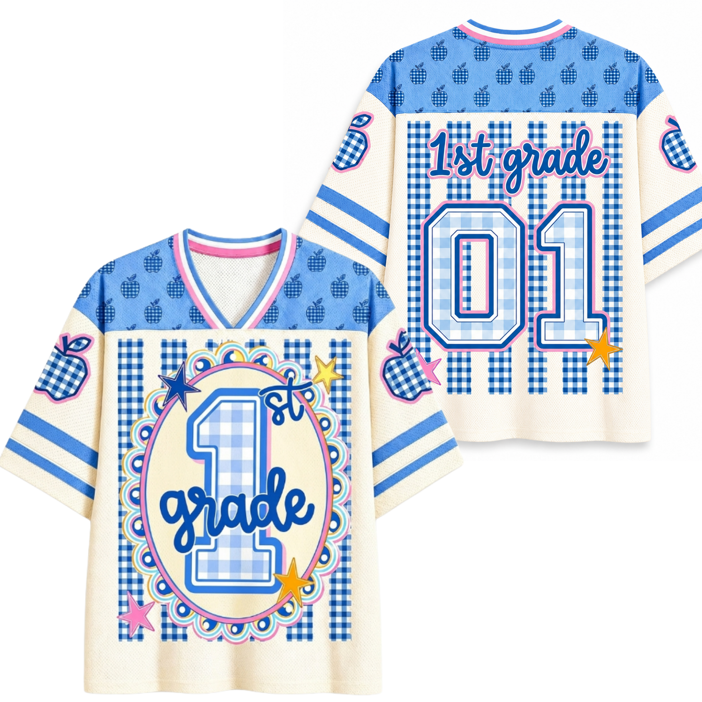 ChaoticClub Preppy Teacher Apple Blue Gingham Stripes Mesh Jersey