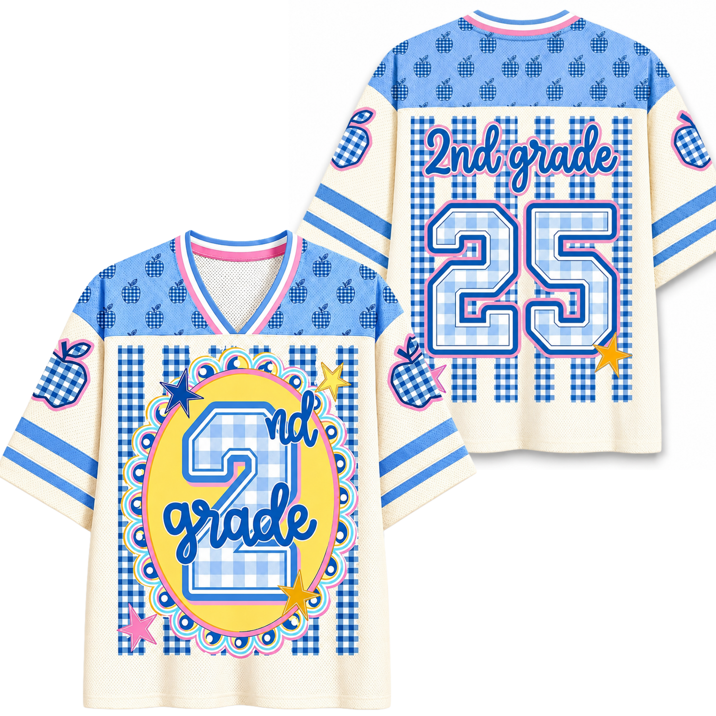 ChaoticClub Preppy Teacher Apple Blue Gingham Stripes Mesh Jersey