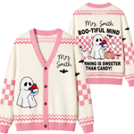 Chaotic Club Pink Bookish Ghost Vintage Halloween Teacher Cardigan