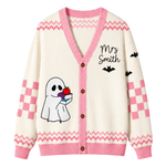 Chaotic Club Pink Bookish Ghost Vintage Halloween Teacher Cardigan