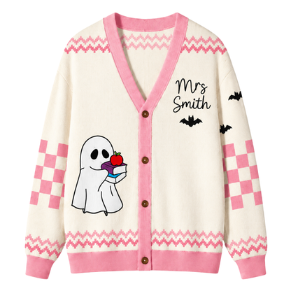 Chaotic Club Pink Bookish Ghost Vintage Halloween Teacher Cardigan