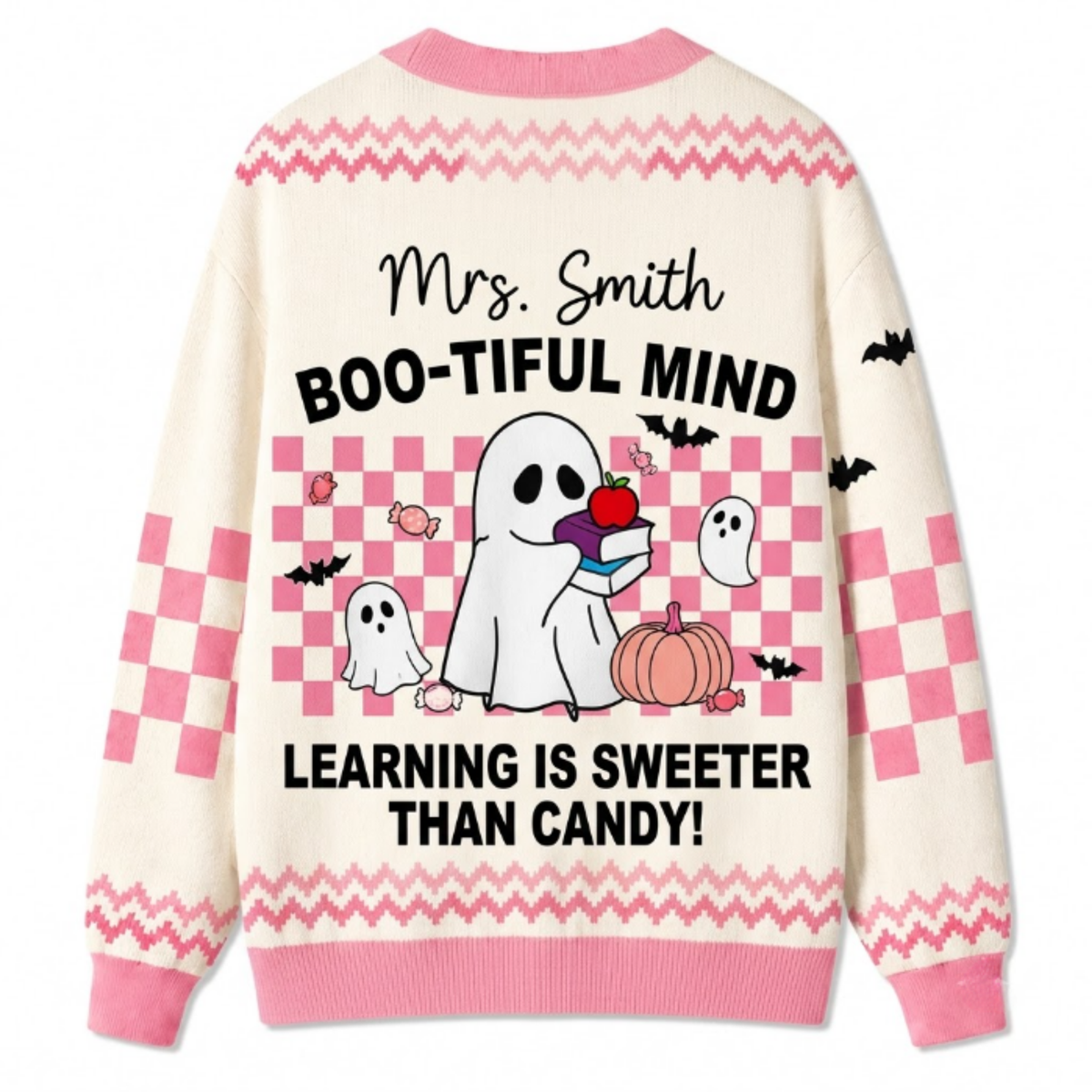 Chaotic Club Pink Bookish Ghost Vintage Halloween Teacher Cardigan