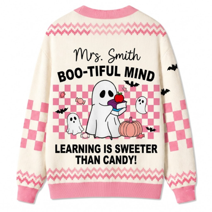 Chaotic Club Pink Bookish Ghost Vintage Halloween Teacher Cardigan