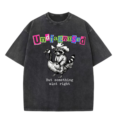 ChaoticClub Undiagnosed Raccoon Washed T-Shirt, vintage oversized graphic tee featuring a cowboy raccoon riding a goose with funny sarcastic text on premium charcoal washed cotton fabric