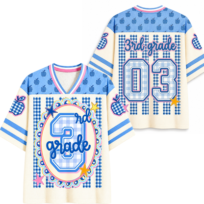 ChaoticClub Preppy Teacher Apple Blue Gingham Stripes Mesh Jersey