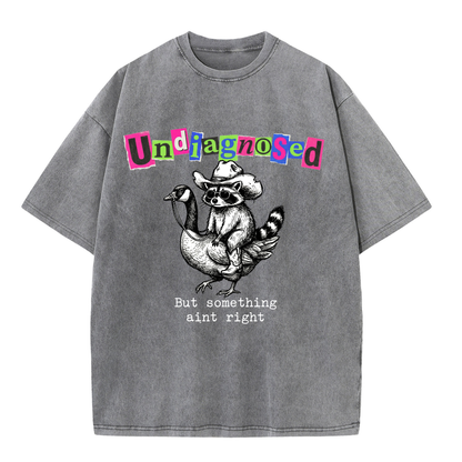 ChaoticClub Undiagnosed Raccoon Washed T-Shirt, vintage oversized graphic tee featuring a cowboy raccoon riding a goose with funny sarcastic text on premium charcoal washed cotton fabric