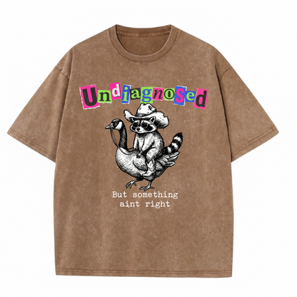 ChaoticClub Undiagnosed Raccoon Washed T-Shirt, vintage oversized graphic tee featuring a cowboy raccoon riding a goose with funny sarcastic text on premium charcoal washed cotton fabric