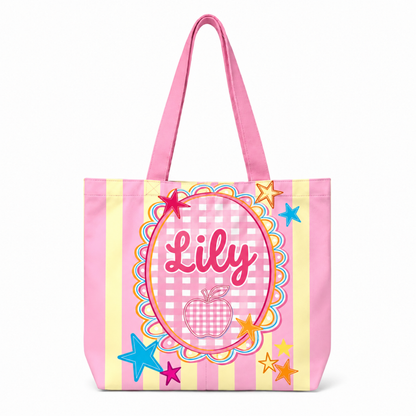 Preppy Teacher Apple Pink Gingham Stripes Tote Bag