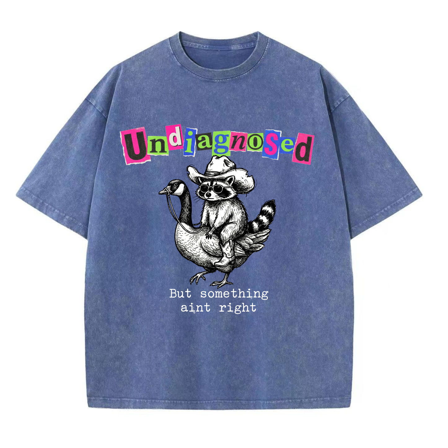 ChaoticClub Undiagnosed Raccoon Washed T-Shirt, vintage oversized graphic tee featuring a cowboy raccoon riding a goose with funny sarcastic text on premium charcoal washed cotton fabric