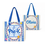 Preppy Teacher Apple Blue Gingham Stripes Tote Bag