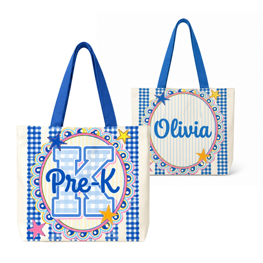 Preppy Teacher Apple Blue Gingham Stripes Tote Bag