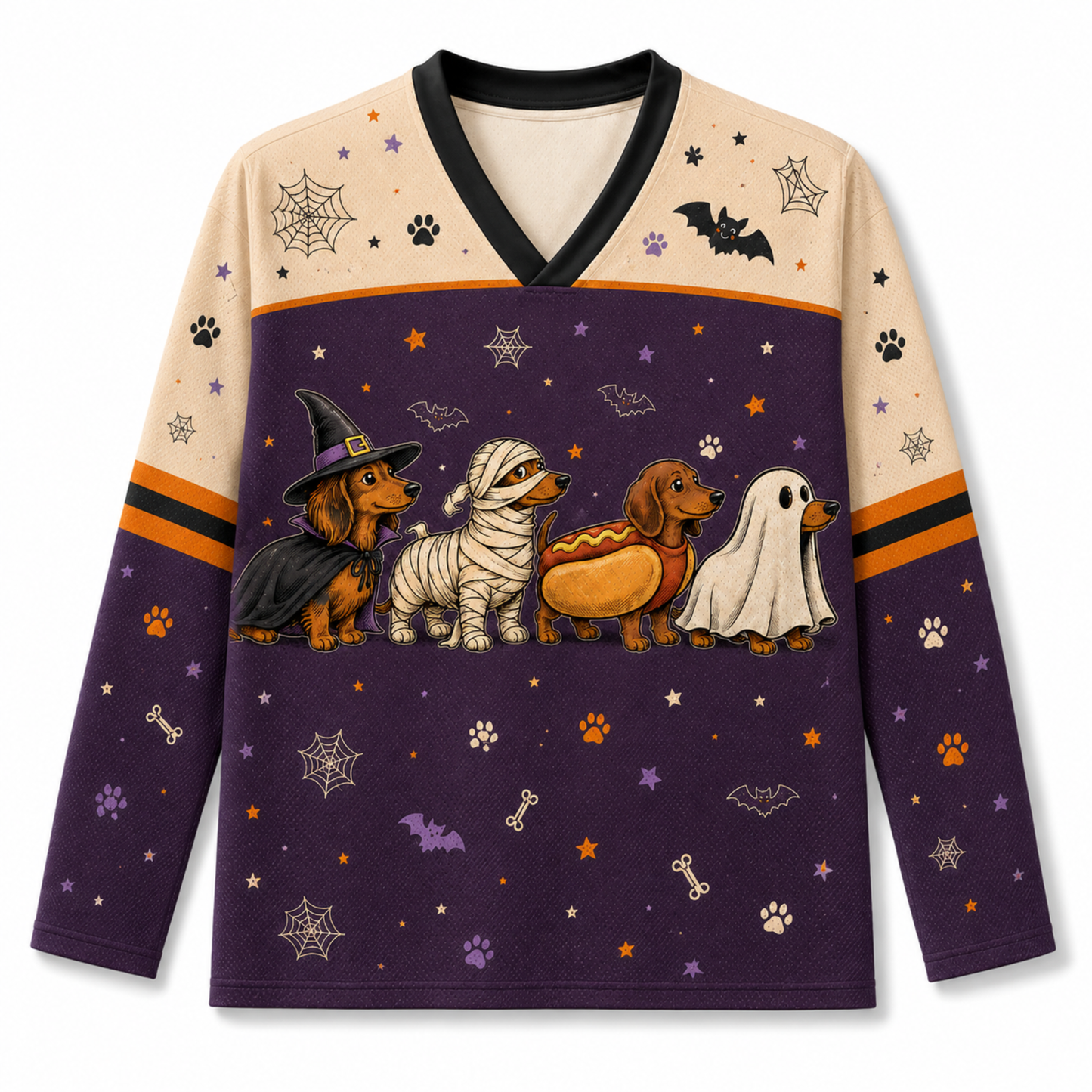 A long-sleeve V-neck shirt with a Halloween dog-themed graphic print. The design features four dachshunds dressed as a witch, mummy, hot dog, and ghost on a dark purple background with spiderwebs, stars, and paw prints.