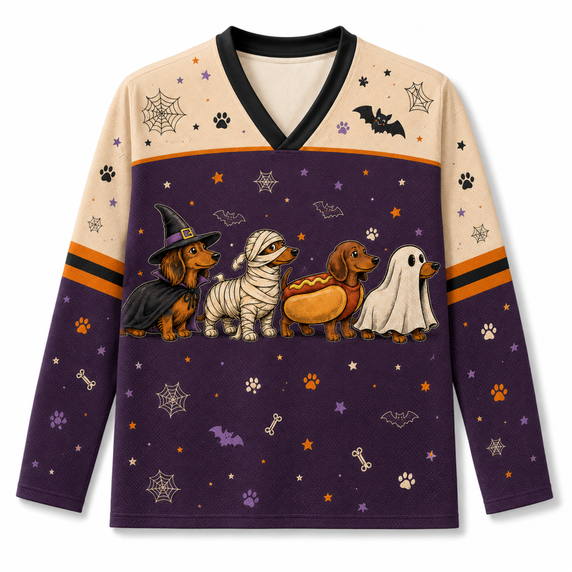 A long-sleeve V-neck shirt with a Halloween dog-themed graphic print. The design features four dachshunds dressed as a witch, mummy, hot dog, and ghost on a dark purple background with spiderwebs, stars, and paw prints.
