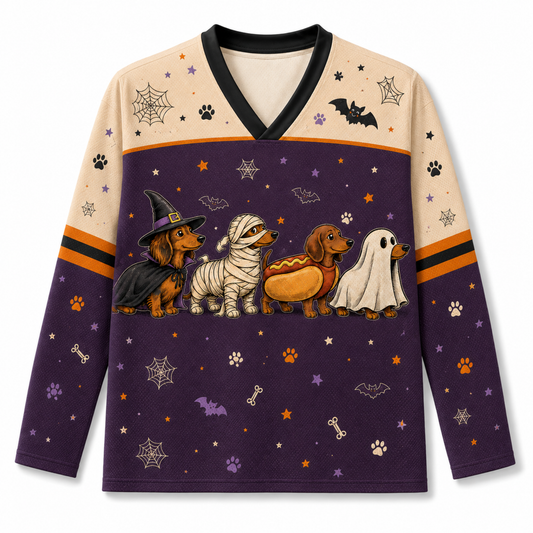 A long-sleeve V-neck shirt with a Halloween dog-themed graphic print. The design features four dachshunds dressed as a witch, mummy, hot dog, and ghost on a dark purple background with spiderwebs, stars, and paw prints.