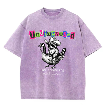 ChaoticClub Undiagnosed Raccoon Washed T-Shirt, vintage oversized graphic tee featuring a cowboy raccoon riding a goose with funny sarcastic text on premium charcoal washed cotton fabric