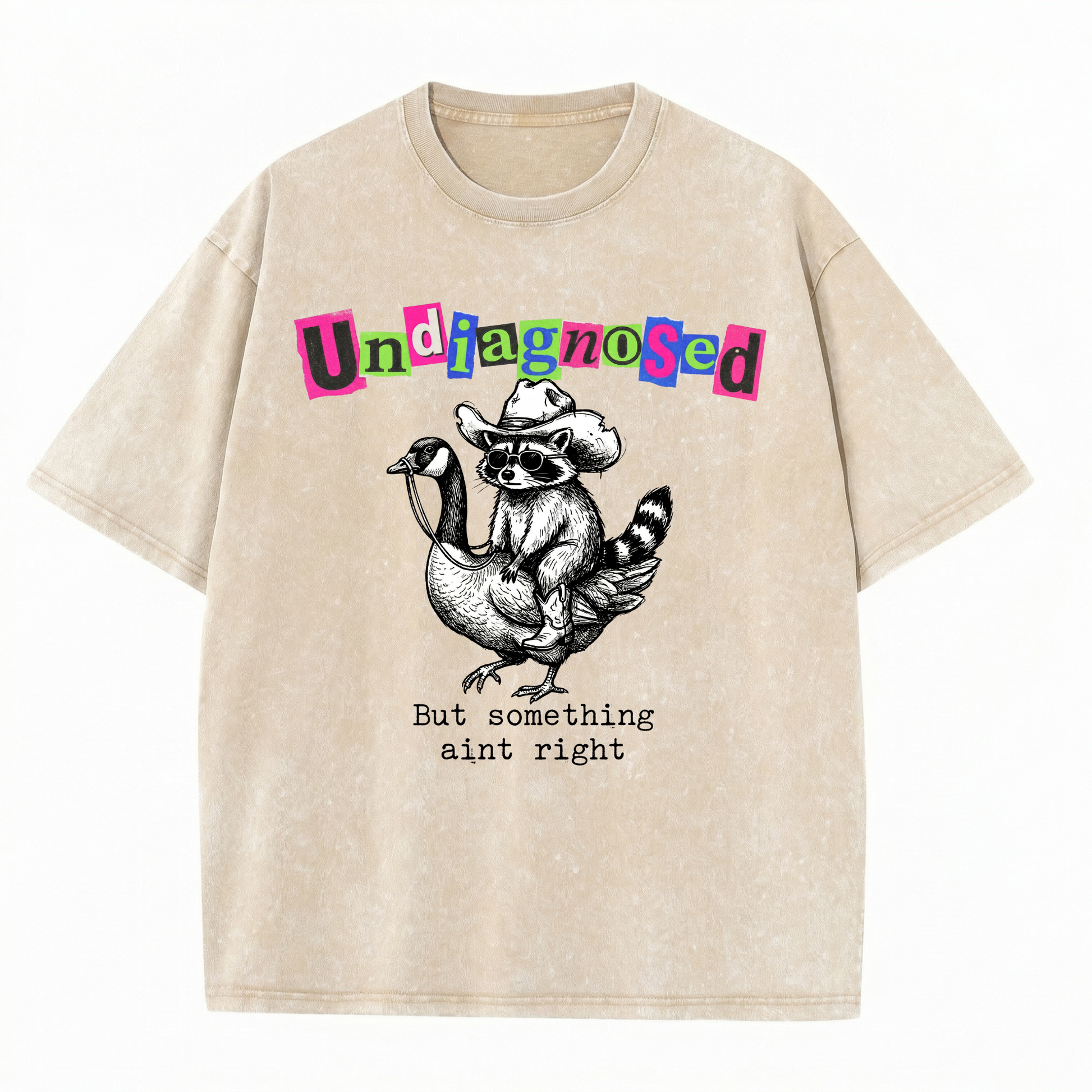 ChaoticClub Undiagnosed Raccoon Washed T-Shirt, vintage oversized graphic tee featuring a cowboy raccoon riding a goose with funny sarcastic text on premium charcoal washed cotton fabric