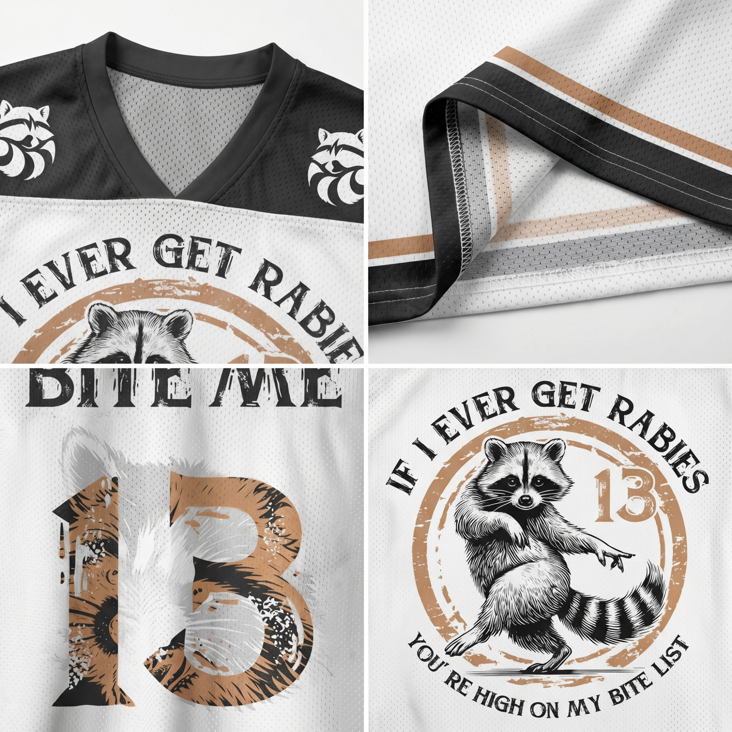 ChaoticClub If I Ever Get Rabies Mesh Jersey, vintage streetwear athletic jersey featuring a raccoon graphic, leopard print shoulder accents, and "Bite Me" back design on breathable mesh fabric
